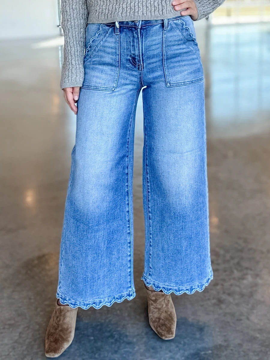 RISEN High Rise Crop Wide Leg Jeans with Scallop Patch Pockets - Stretchy
