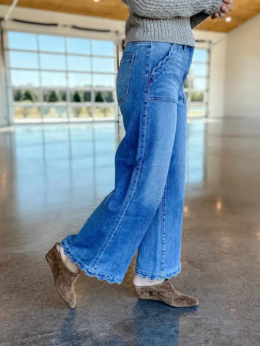 RISEN High Rise Crop Wide Leg Jeans with Scallop Patch Pockets - Stretchy