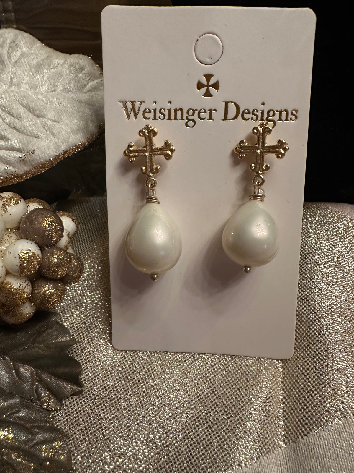 Weisinger Designs Pearl cross earrings, post