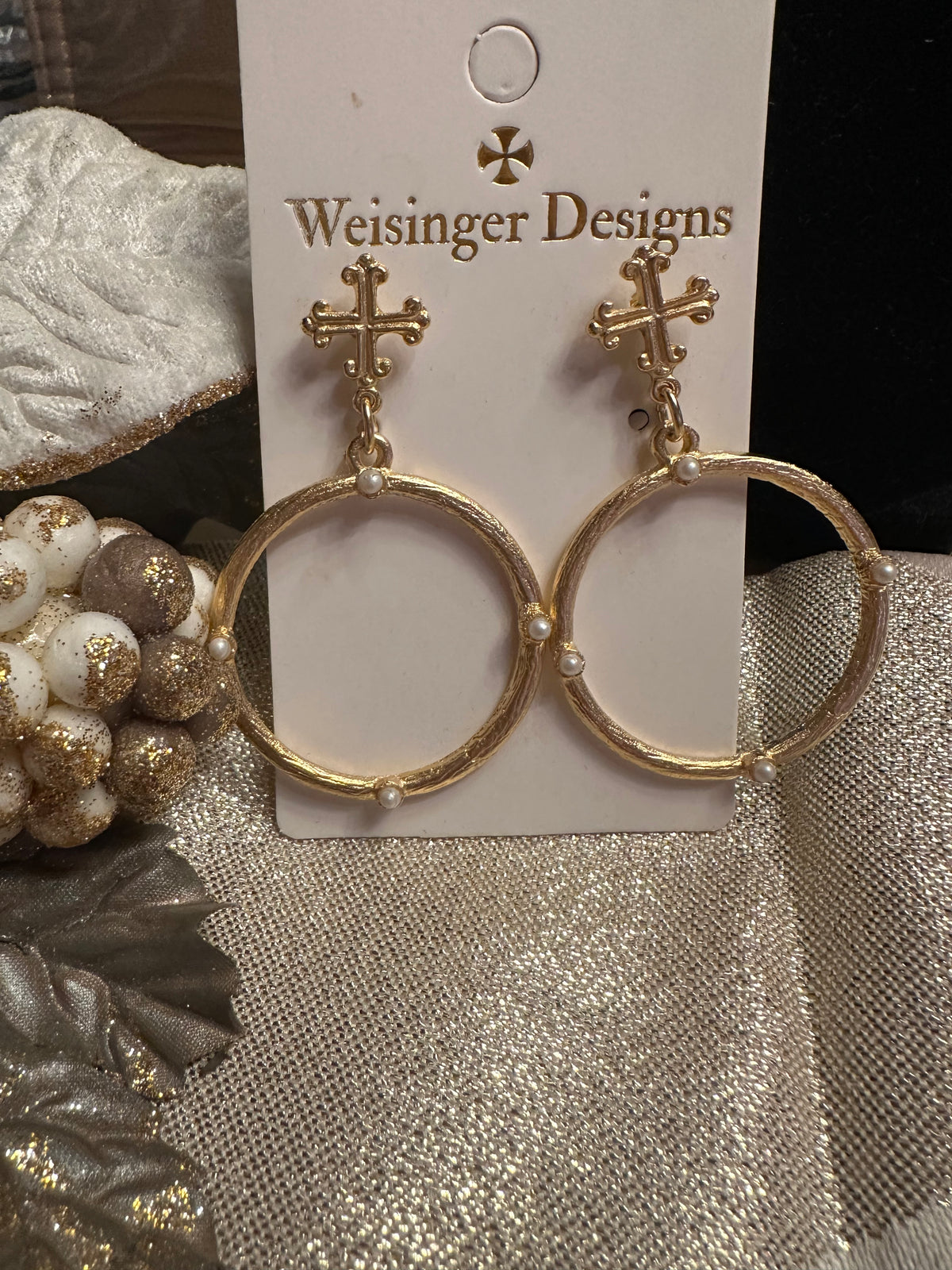 Weisinger Designs Cross pearl accent circle earrings