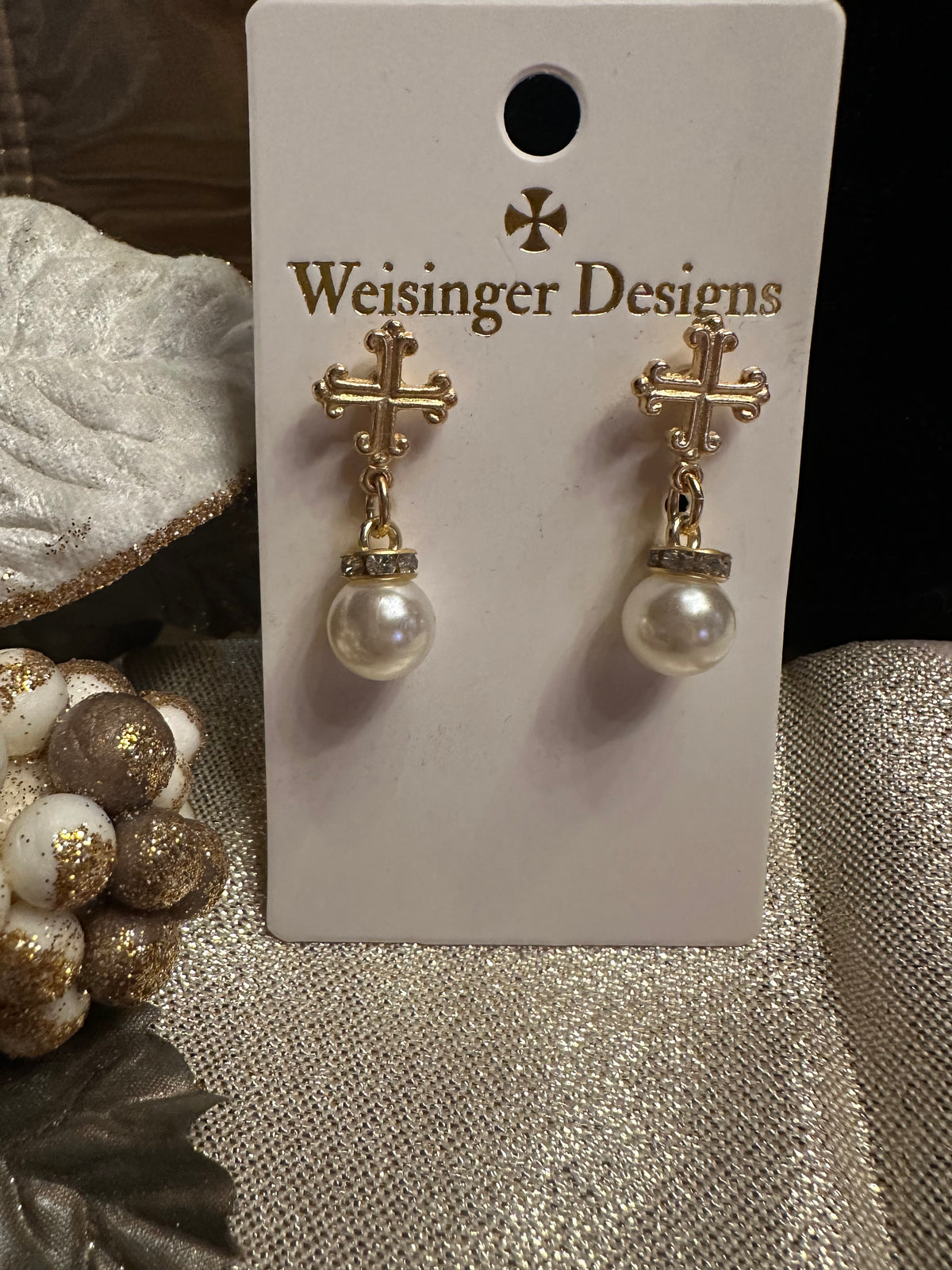 Weisinger Designs pearl, crystal, cross post earrings